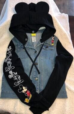 Disney Mickey Mouse Denim Jacket Size XS Sweatshirt Sleeve & Hood Mickey Ears